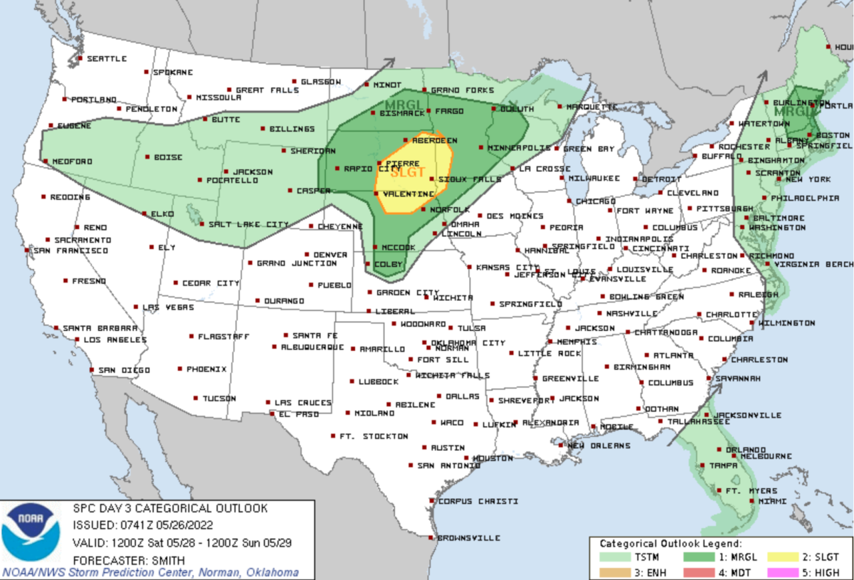 Saturday's severe weather threat areas. 