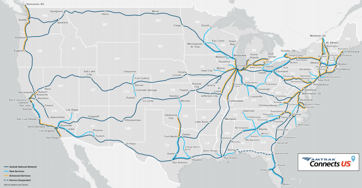 Amtrak's new services are in light blue, with Amtrak's National Network in the darker blue-green. 