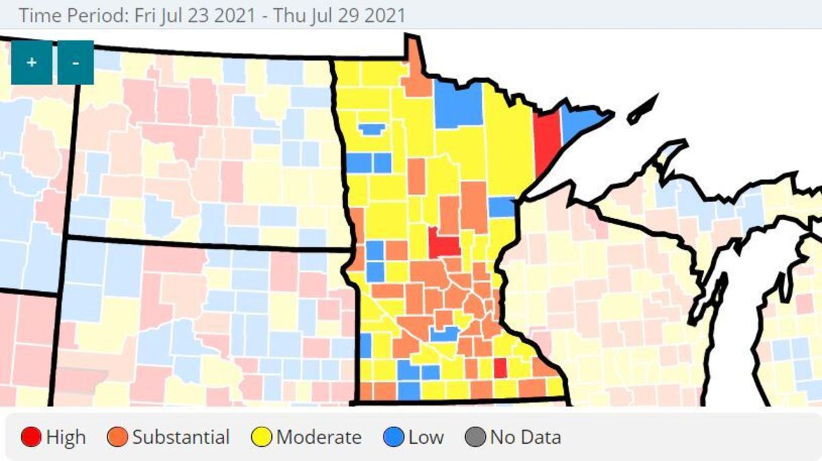 CDC - MN counties high or substantial transmission - July 30, 2021