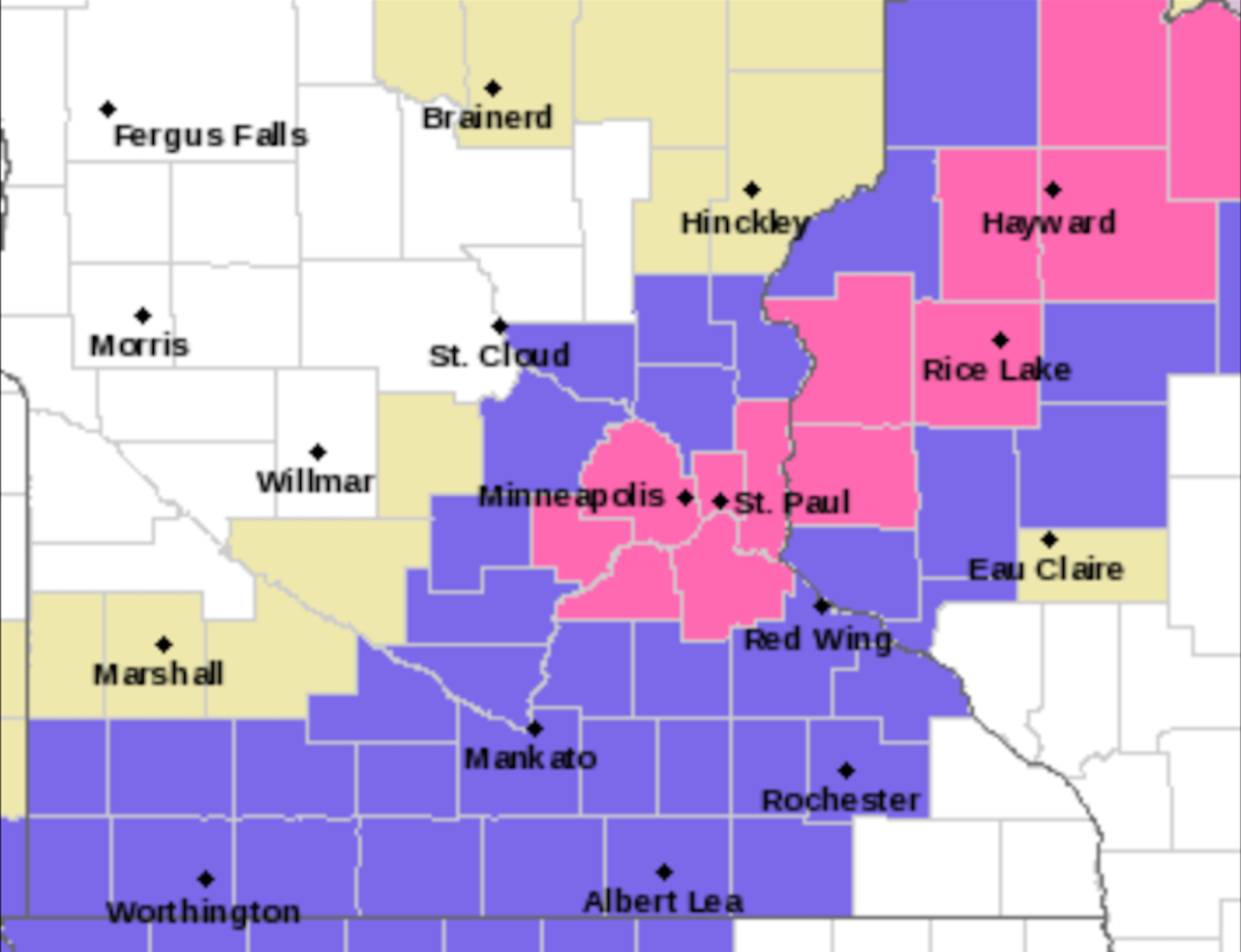 Pink represents the winter storm warning. Purple is for areas in a winter weather advisory. 