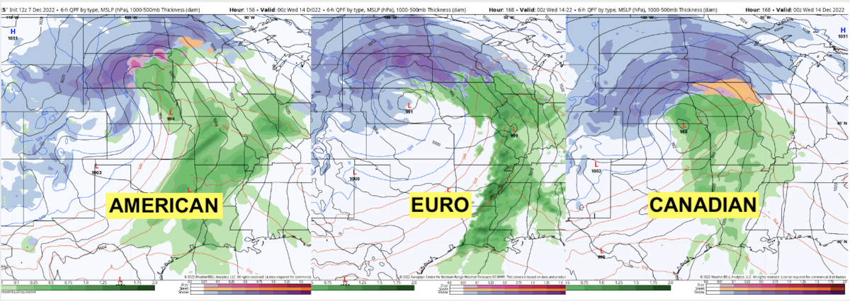 Low pressure and precip type at 6 p.m. Tuesday, Dec. 13 from the 3 major models