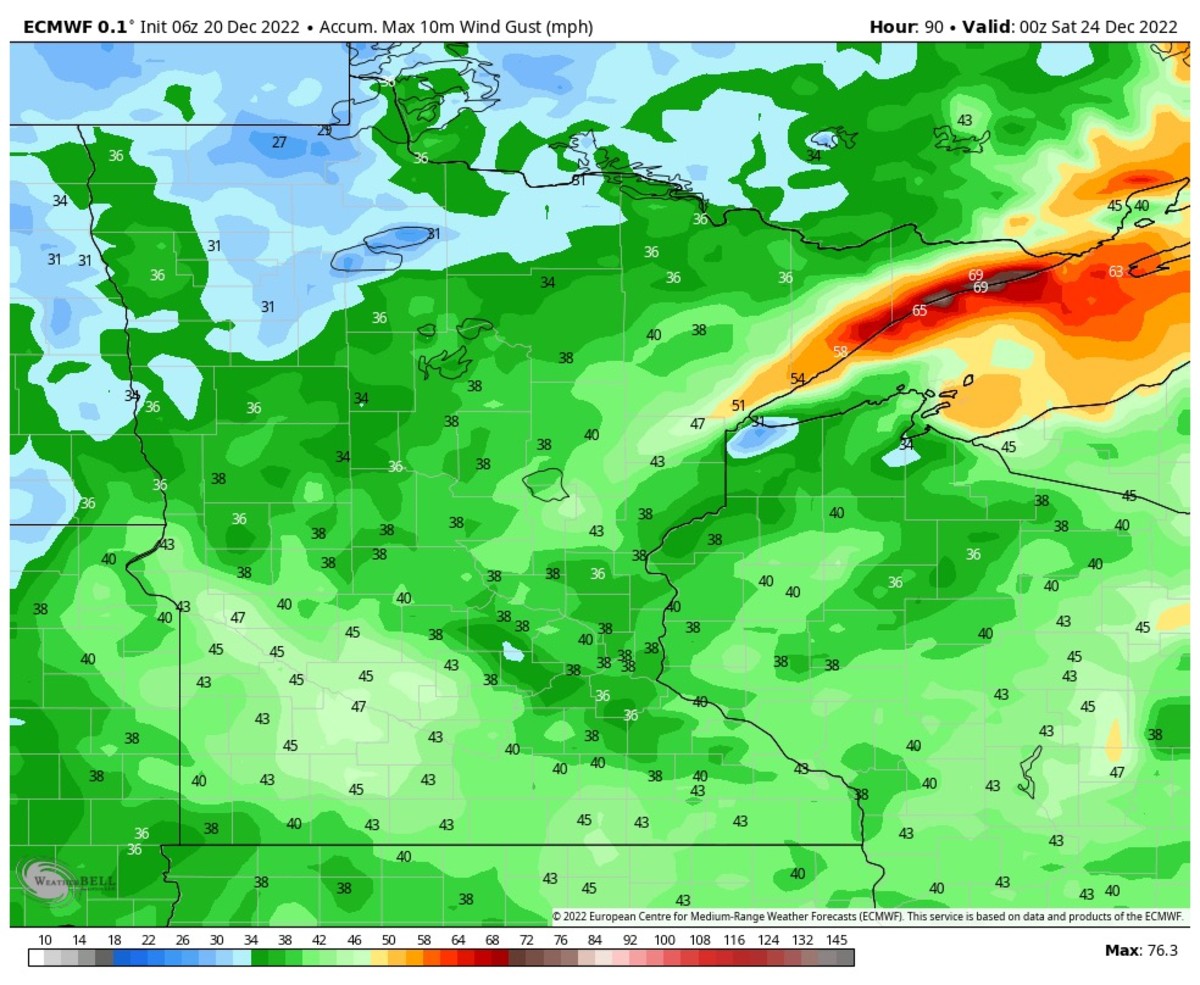The European model is forecast 50-70 mph wind gusts along the North Shore Thursday-Saturday