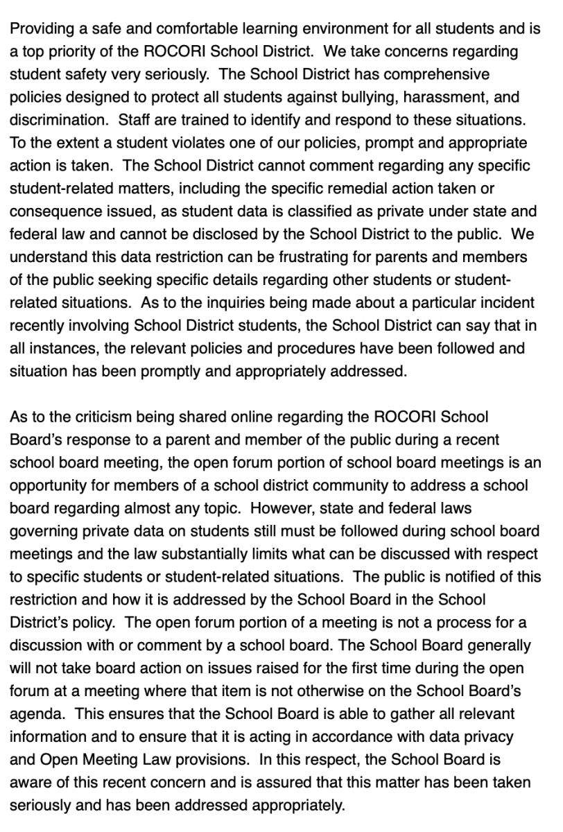 ROCORI School Board statement