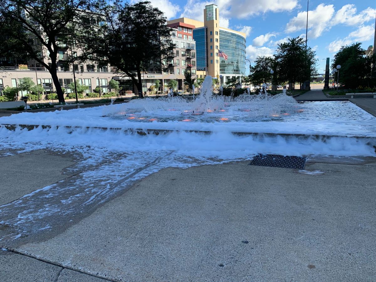 Soapy fountain in downtown Minneapolis.