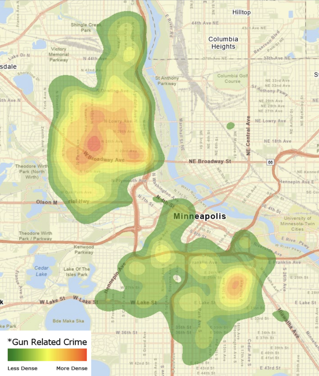 A map showing clusters of firearm and gun crime related calls for service (including ShotSpotter activations) in 2022 through Aug. 8. Source: Minneapolis Police Department. 
