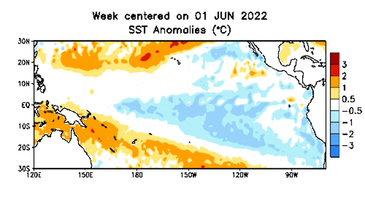 Sea surface temperature anomalies or difference from normal. Note the blue, or cooler than normal conditions in the eastern Pacific associated with La Nina conditions