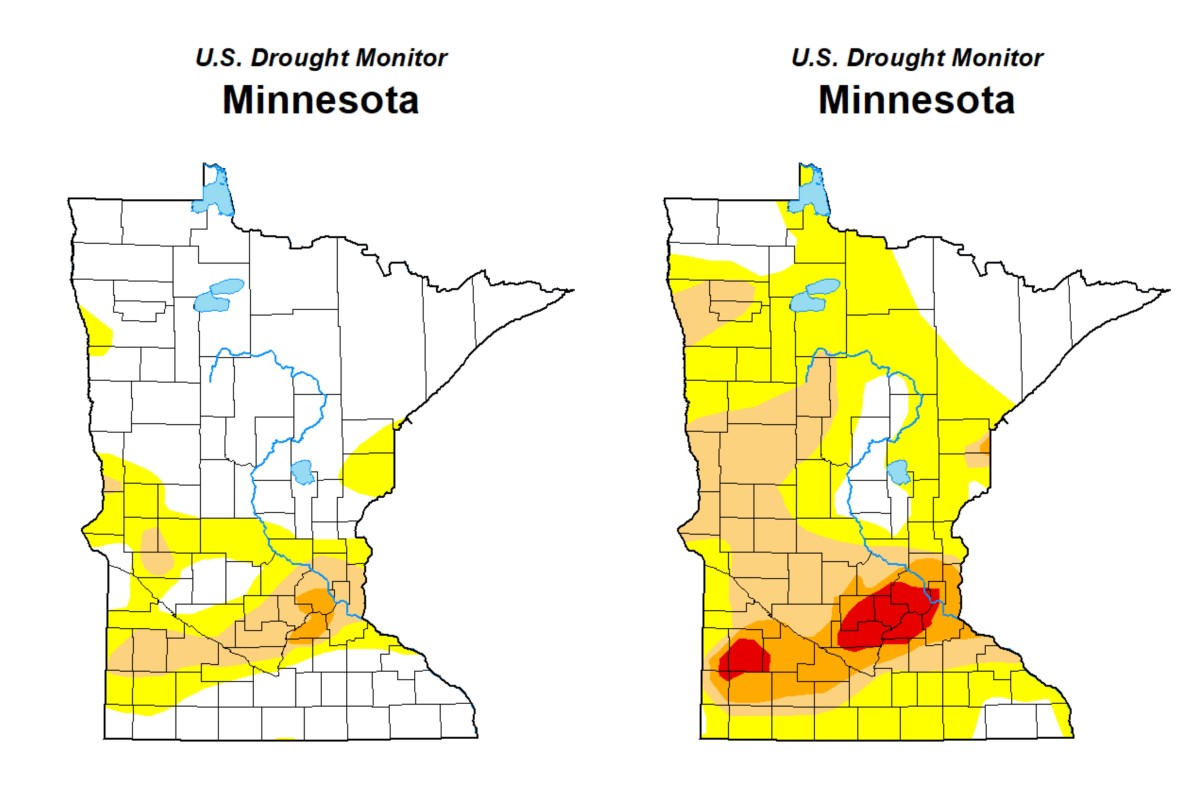 Drought conditions in Minnesota on Sept. 6 (left) and Oct. 6 (right). 