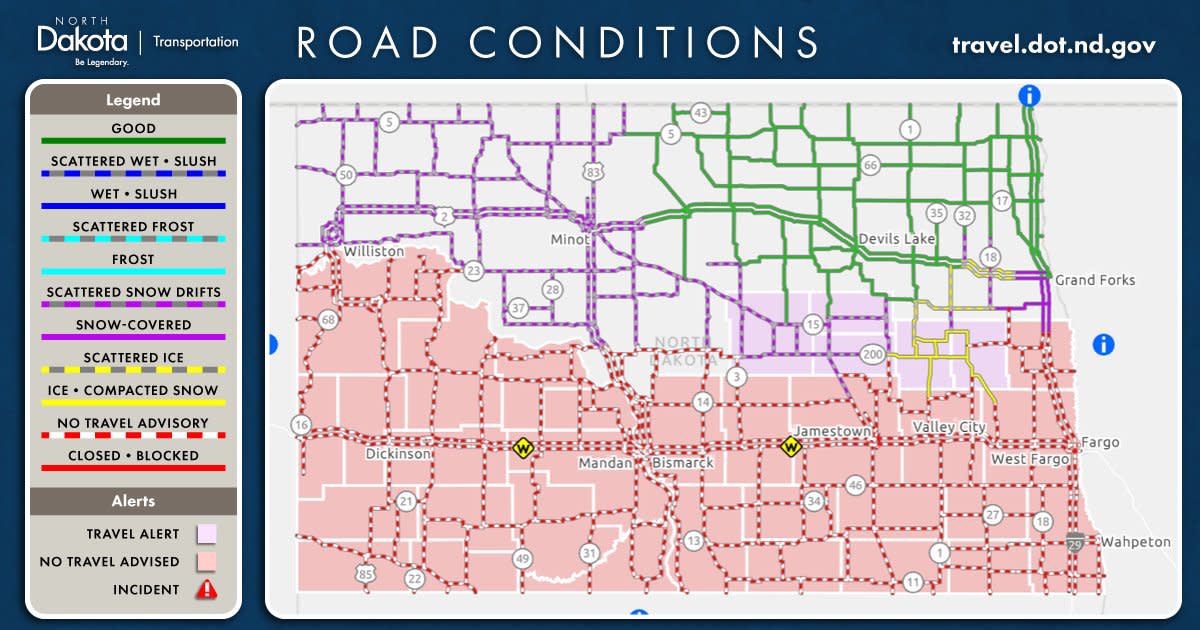 Road conditions in North Dakota around noon Thursday. 