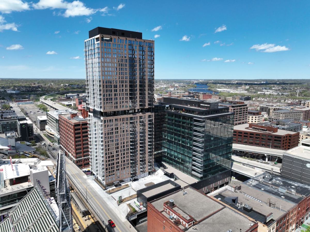 Construction wraps on North Loop Green towers that overlook Target ...