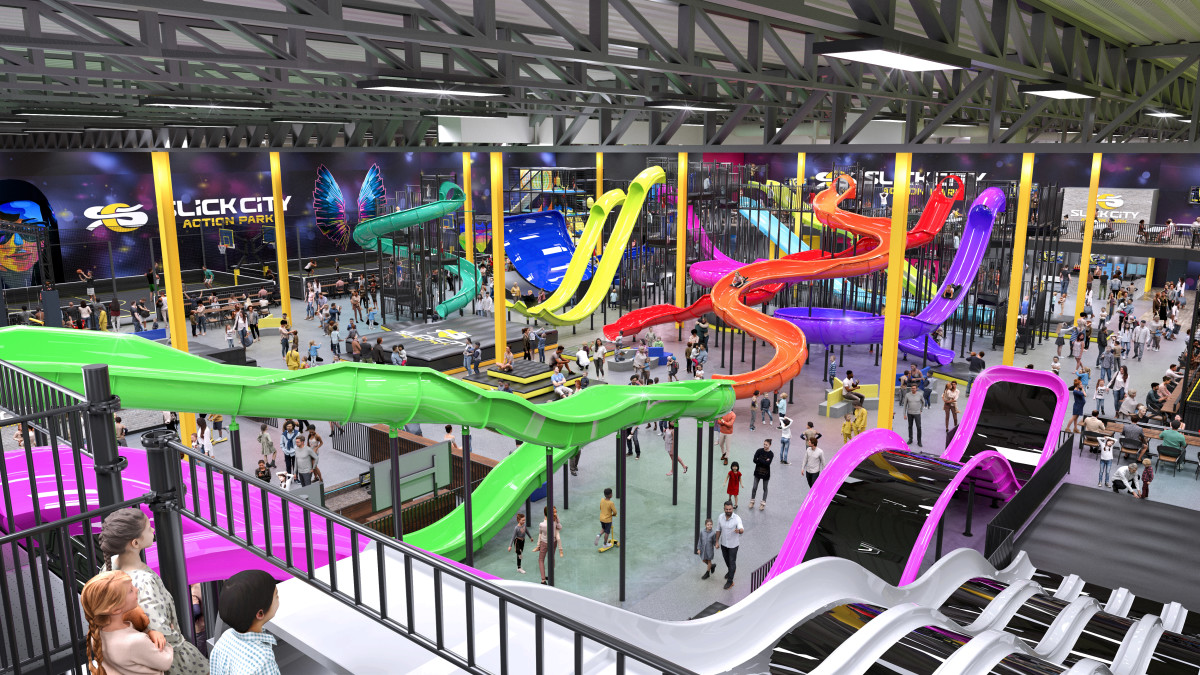 Slick City Action Park, an indoor park with 14 slides, will open first